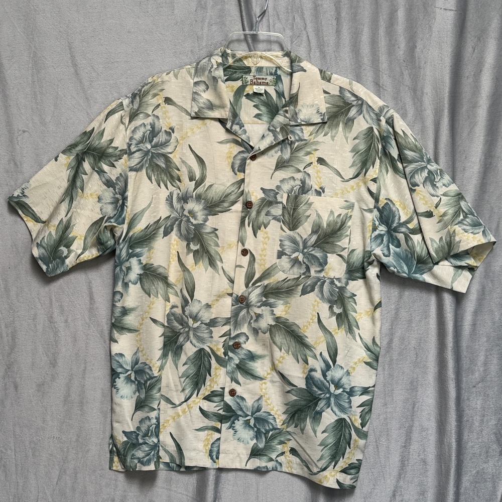 Tommy Bahama 100% Silk Hawaiian Shirt M Floral Aloha Camp Button Front Beige